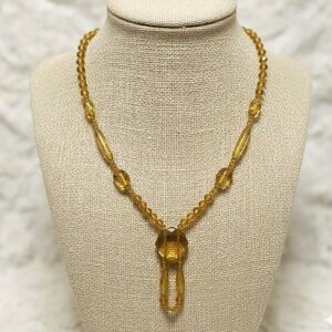 Vintage Amber Glass Necklace Faceted Beads Chain Oval Drop Pendant Art Deco